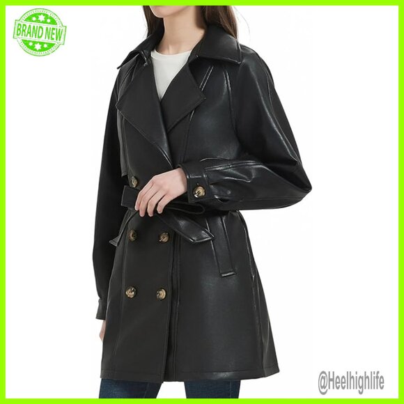 Faux Leather Trench Coat with Belt Double Breasted Mid Length